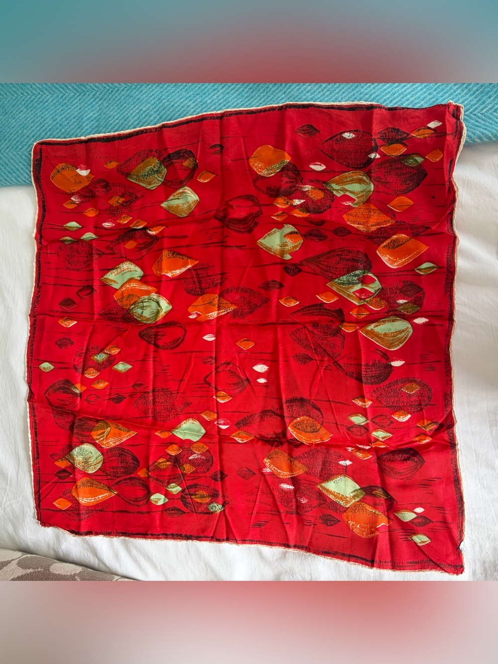 Red Patterned Vintage Silk Scarf 26x26